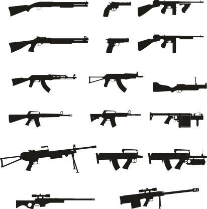 weapon and gun set collection icons black silhouette vector illustration isolated on white background