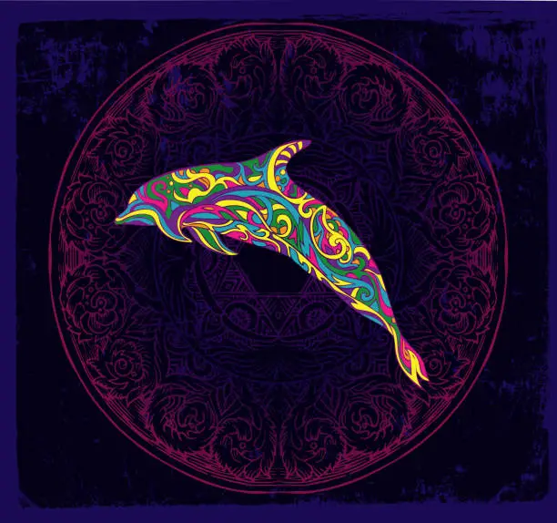 Vector illustration of dolphin on merkhaba mandala