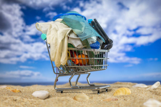 istock Plastic rubbish in shopping trolley on beach 1617295725