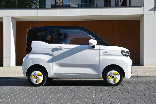 Berlin, Germany - 15th August, 2023: Microcar Cenntro Avantier in LCV version parked on a street. This model is one of the cheapest electric vehicles in Europe.