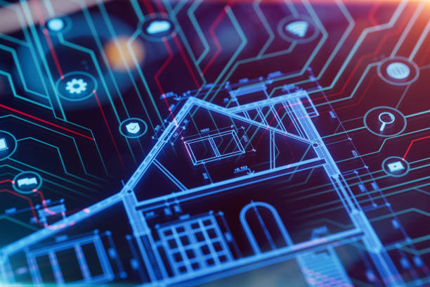 Blueprint of a house with technology icons. Blueprint of a house with technology icons. Concept of smart home, automation, control cctv network, internet of things (iot), smart city, saving energy efficiency, heating and air conditioning. home automation stock pictures, royalty-free photos & images