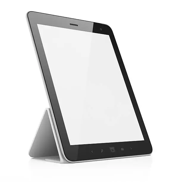 Black abstract tablet pc on white background, 3d renderBlack tablet computer pc on stand, white background, 3d render