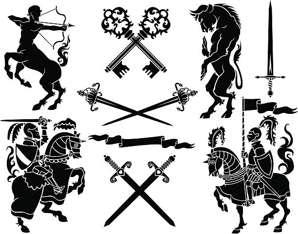 ilustraciones, imágenes clip art, dibujos animados e iconos de stock de de knight heraldry - silhouette cross shape ornate cross