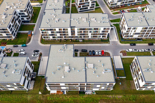 Aerial view of modern apartment buildings in a new residential district.