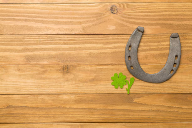 istock Horseshoe with clover on color background, top view. St. Patricks day concept 1617416302