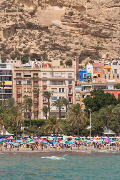 Vertical view of people bathing at the Postiguet beach in Alicante, Spain. Tuesday, August 15, 2023 at 13:23pm. GPS coordinates are 38°20'N 0°28'W.