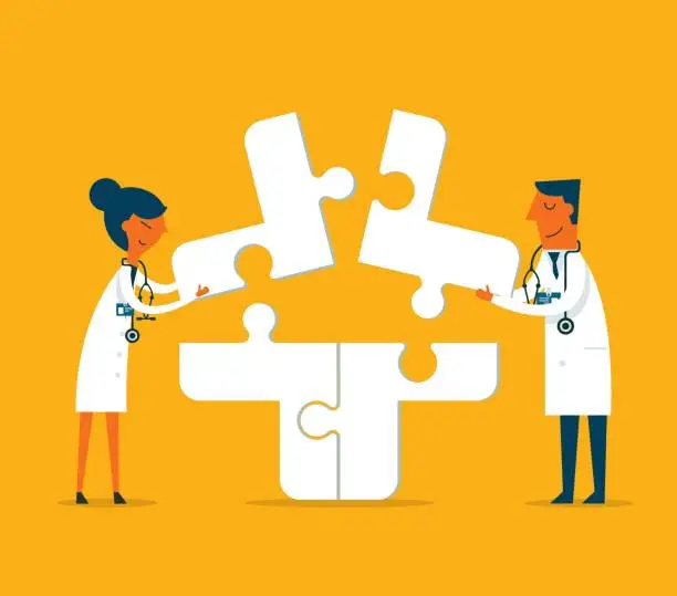 Vector illustration of two doctors putting puzzle pieces