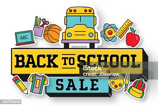 istock Back to school sale banner design with education icons 1617515645