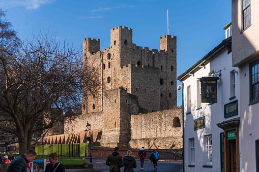 Rochester, United Kingdom - January 29, 2022: Rochester Castle seen from the High Street