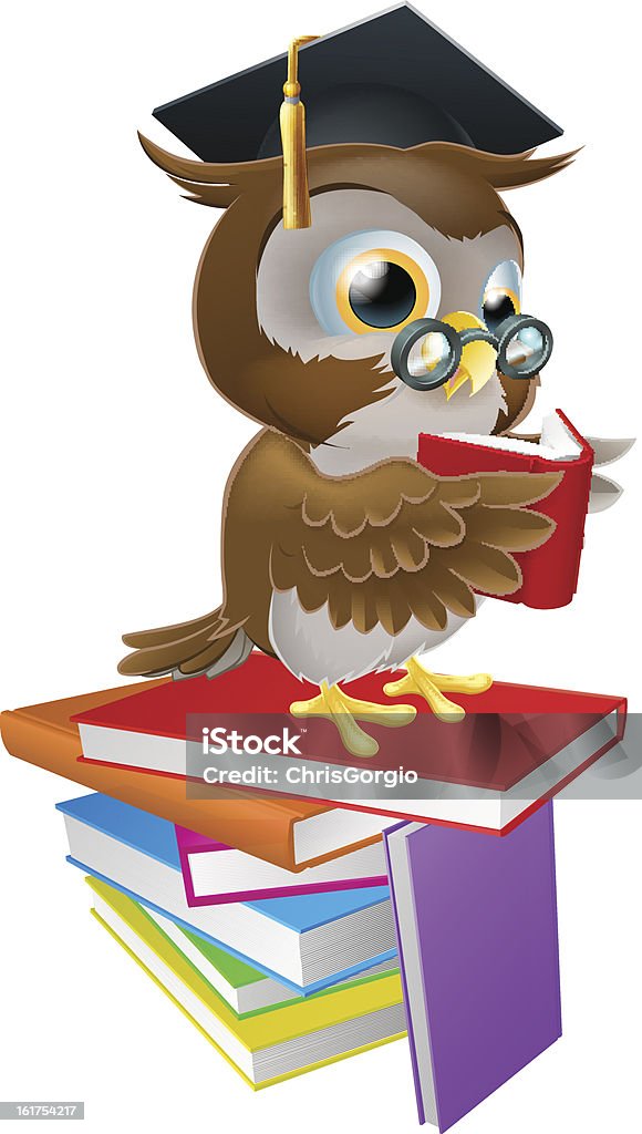 Wise owl reading An illustration of a wise owl on a stack of books reading wearing spectacles and a mortar board graduate cap. Vector file is eps 10 and uses transparency blends and gradient mesh Bird stock vector