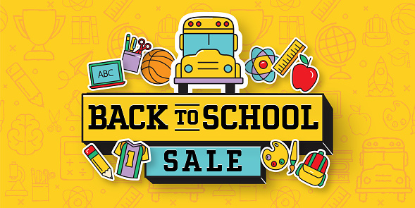 Back to school sale banner design with education icons. Easy to print the vector eps or jpg. Use for Back to school promotions on social media. Fully editable eps included in download.