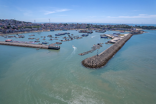 Aerial view of a fishing port in a fishing village