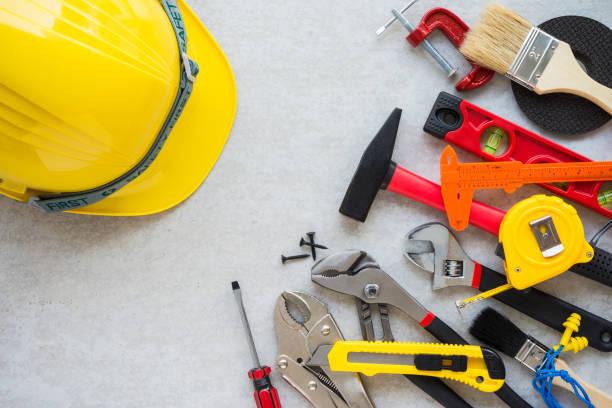 istock Flat lay, set of construction hardware tools building, repair, painting accessories. 1617566416