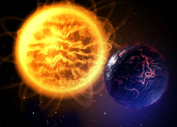Dead lava planet in cold space with big sun stock photo