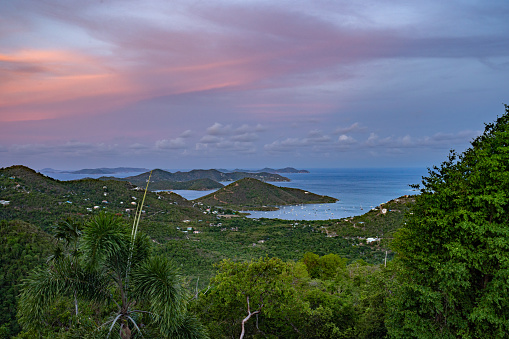 Vibrant sunset over Coral Bay on the tropical Caribbean island of St. John in the US Virgin Islands