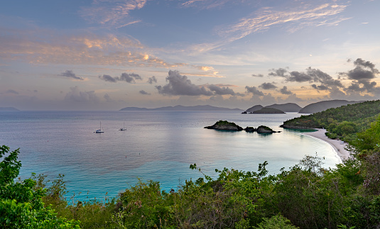 Vibrant sunrise over famous Trunk Bay on the tropical Caribbean island of St. John in the US Virgin Islands