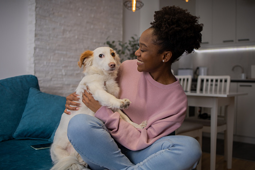 Girl and her dog are having fun at home