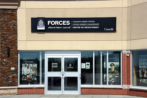 Sydney, Canada - July 25, 2023: Canadian Armed Forces Recruitment Centre in Sydney, Nova Scotia. Recruitment is crucial to the Canadian Armed Forces since membership is strictly voluntary.