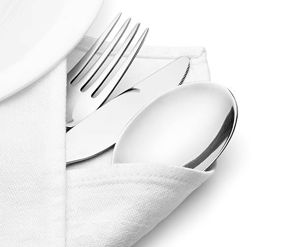 나이프, 포크, 숟가락, 리넨의 serviette. - napkin silverware textile fork 뉴스 사진 이미지