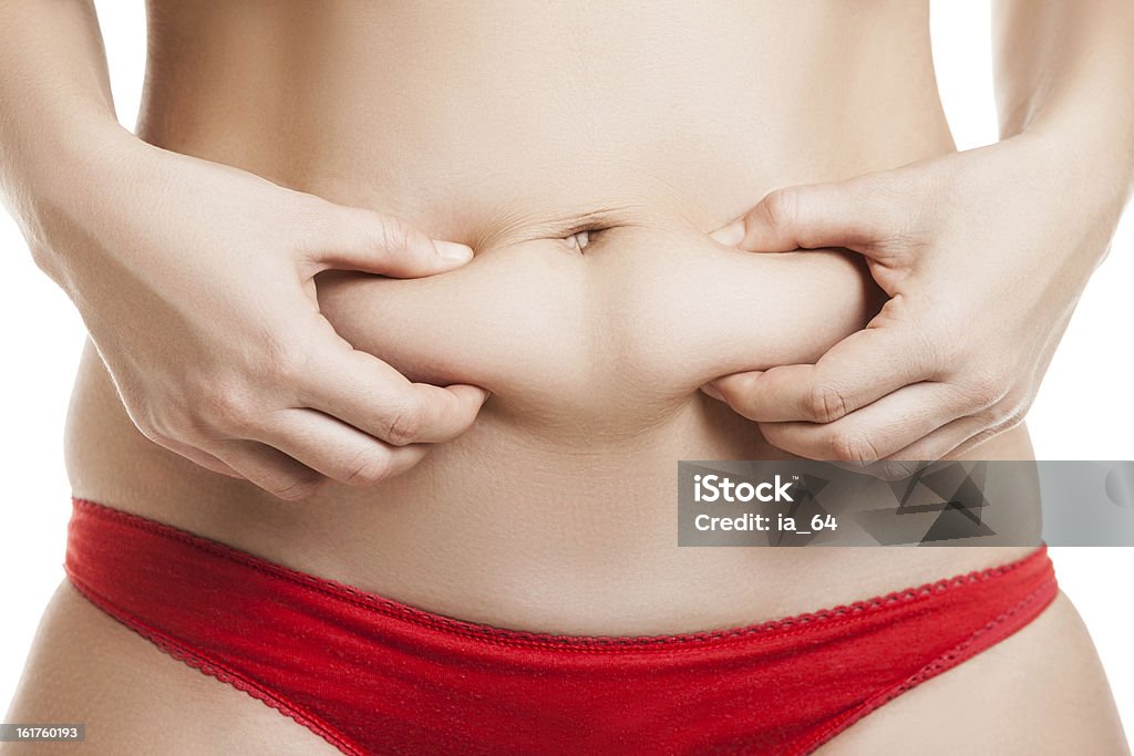 Overweight woman Overweight woman hand holding or pinching fat body belly paunch Females Stock Photo