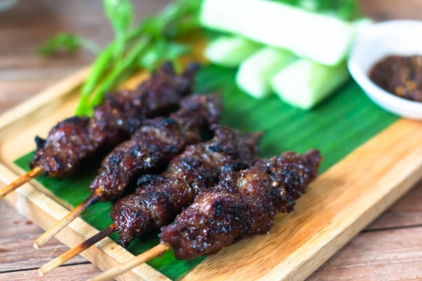 istock Grilled beef skewers served on plate with dip 1617634699