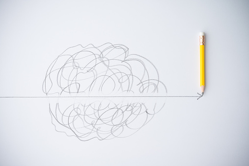 Pencil draw straight line break through confuse zone on white background. Breaking through obstacle to new idea, imagination, innovation and problem solving in business, financial or education concept