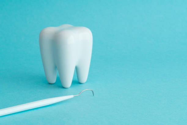 istock White healthy tooth model and dental pick explorer probe on blue background. 1617641127