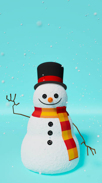istock Snowman in hat and scarf on blue stage, fun and christmas theme, 3d rendering 1617642718
