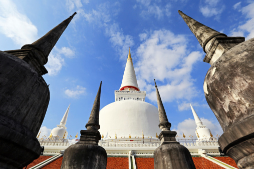 Pagodas in Wat Phra Mahathat temple, Nakhon Si Thammarat province, Thailand.