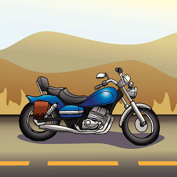 Motorcycle on the open road A blue motorcycle on the open road, also includes red color layer, AI10 EPS file with radial gradients on wheels and tank helicopter free drawing stock illustrations