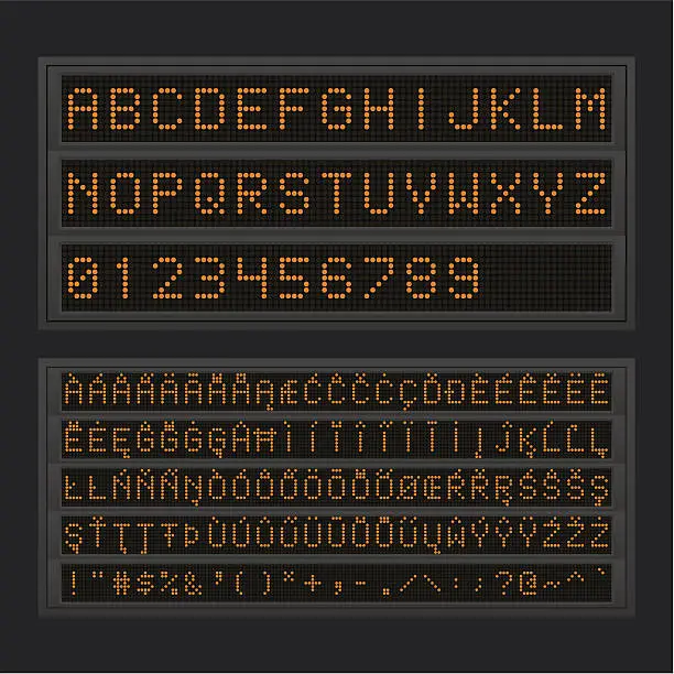 Vector illustration of Led board with orange lights showing different characters