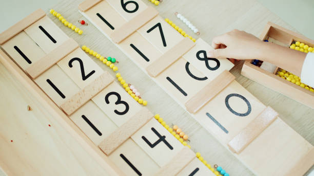 Elementary girl using color bead chain to learn mathematics