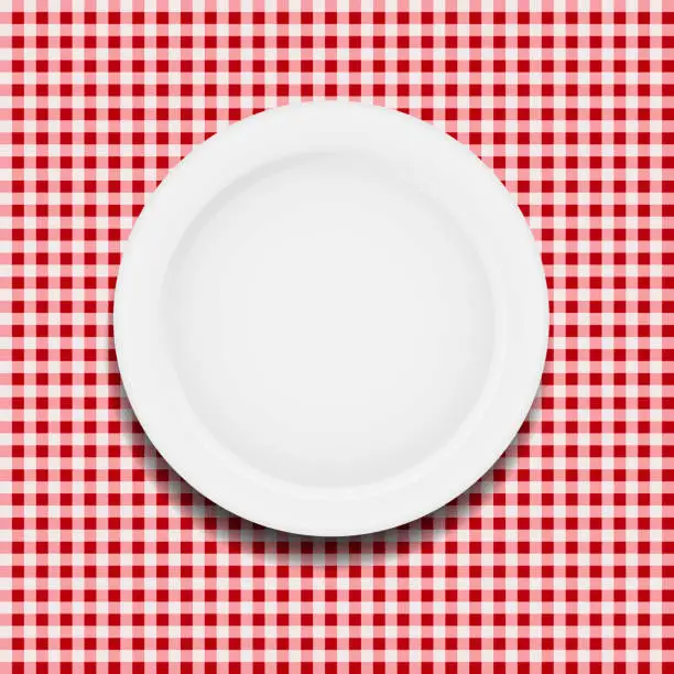Vector illustration of white plate on a checkered tablecloth vector illustration