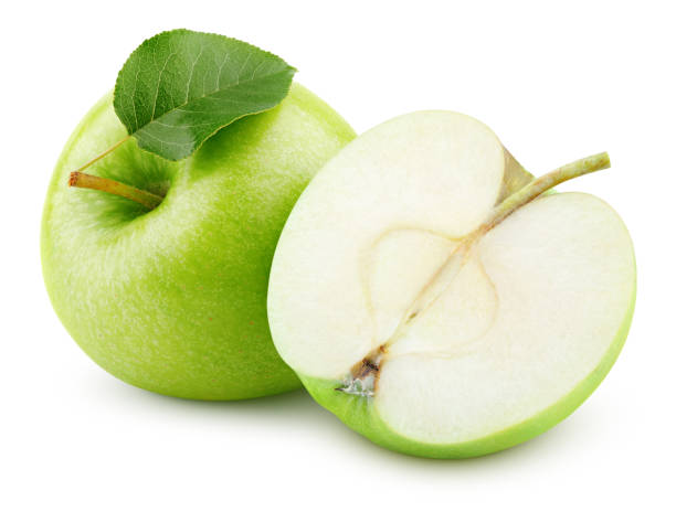 istock Green apple fruit with half and green leaf isolated on white 1617695217