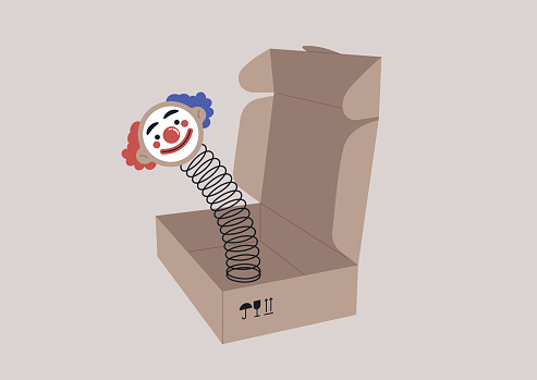 The concept of delivery service issues portrayed through an image of a cardboard box that, instead of its expected contents, surprises with a playful jack-in-the-box