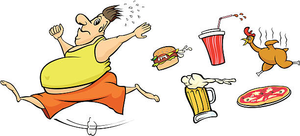 толстый человек работает от нездоровое питание - eating men fat overweight stock illustrations