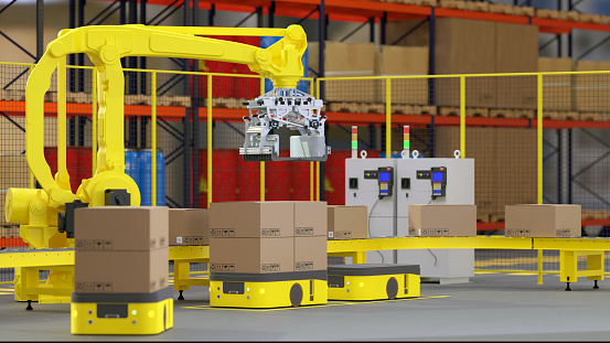AGV (Automated guided vehicle) and robotic are sending data for communication with command center in smart warehouse during carry goods to production line