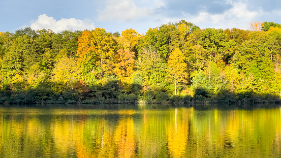 Panoramic view of changing fall leaves, with reflection in lake. in United States, District of Columbia, Washington