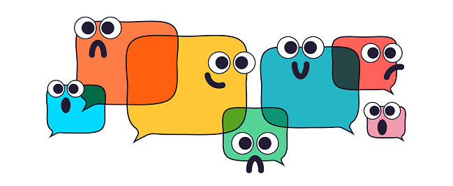 Vector illustration of a collection of speech bubbles with emoticons on them depicting different human emotions. Cut out design elements on a transparent background on the vector file.
