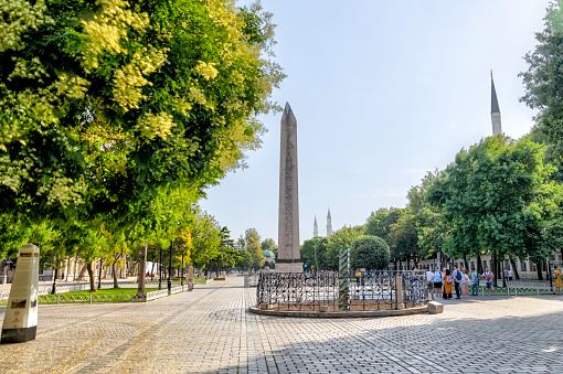 Istanbul, Turkey - July 22,2023: The park built amongst the remains and obelisks of the ancient Hippodrome in Istanbul