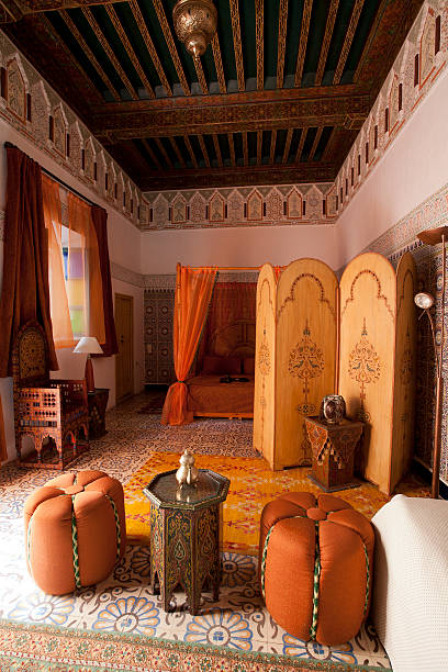 Beautiful authentic arabic bedroom in Marrakech Morocco A wonderfully worked arabian bedroom. marrakesh riad stock pictures, royalty-free photos & images