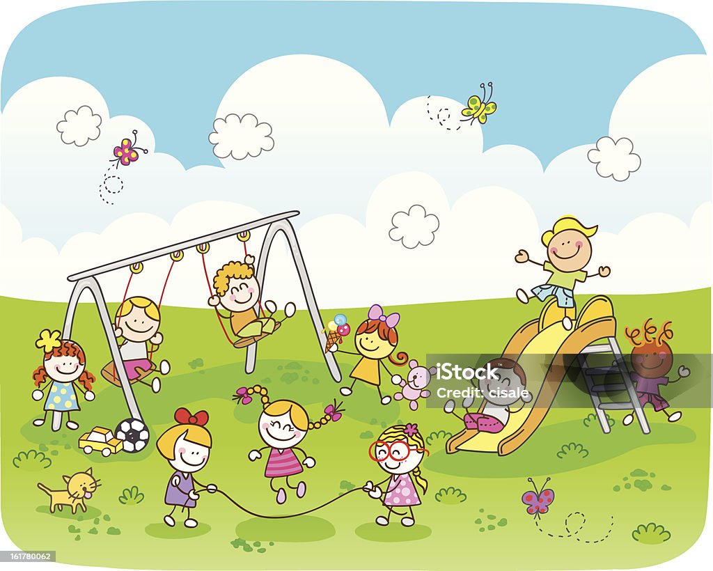 Felizes crianças brincando no Parque mulher ilustração - Royalty-free Criança arte vetorial
