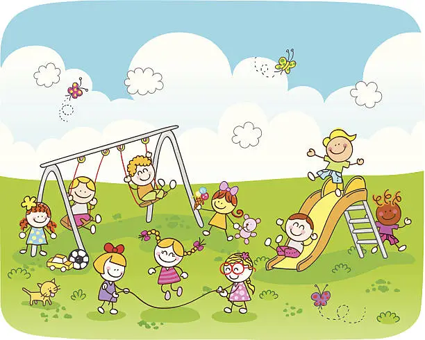 Vector illustration of happy children playing at park cartoon illustration
