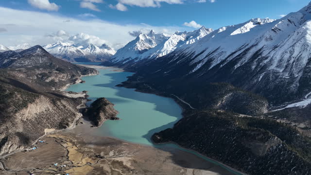 Aerial footage of beautiful snow mountains and lake in Tibet,China