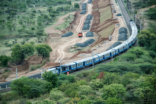 Pune, India - August 15 2023: A local DMU commuter train at Shindawane near Pune India.