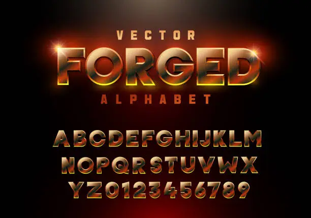 Vector illustration of Vector forged alphabet, metallic 3d font in orange tones inspired by molten rock, lava, fire, blacksmithing; ideal for festivals, club logos, automotive, adventure, branding, fiery and bold projects.
