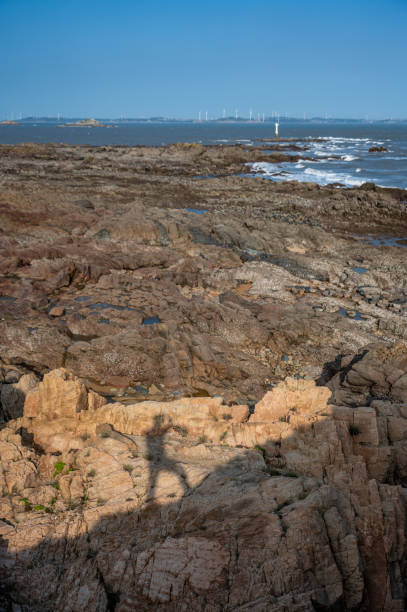 海辺のサンゴ礁と影 - travel destinations rocky coastline moody sky clear sky ストックフォトと画像