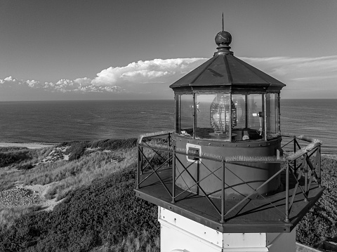 Late afternoon summer black and white photo of the North Lighthouse, New Shoreham, Block Island, Rhode Island, August 2023.