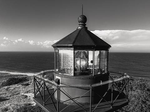 Late afternoon summer black and white photo of the North Lighthouse, New Shoreham, Block Island, Rhode Island, August 2023.