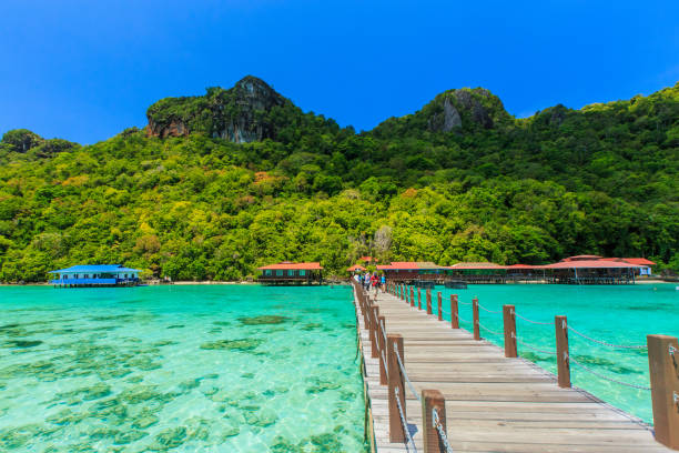 recifes de corais e ilhas vistas do cais da ilha bohey dulang, sabah, malásia. - sipadan island - fotografias e filmes do acervo